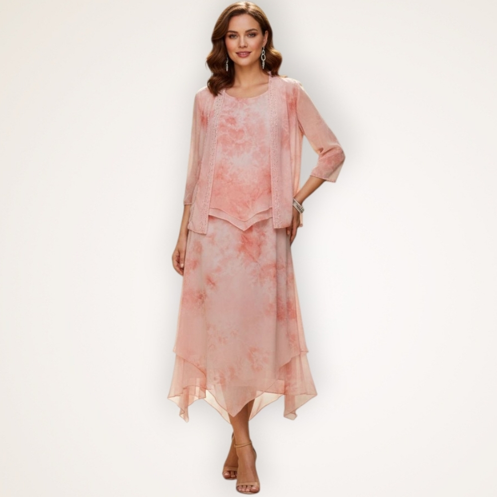 3Pc Skirt, Jacket, Top Watercolour printed Sheer matching Set Wedding Guest